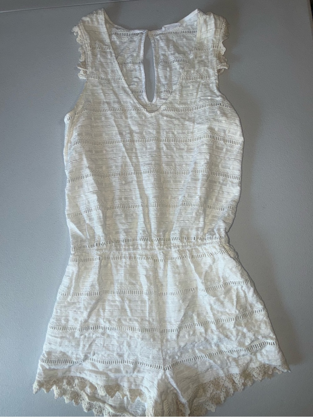 Glam Small White Tan Eyelet Lace Romper Crochet Trim Sleeveless Summer Boho - Picture 4 of 13